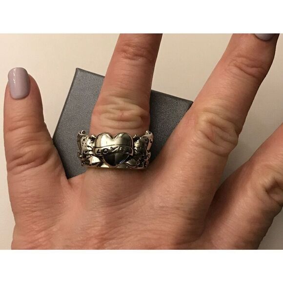 New~Trendy Silver Heart & Love Wide Stretch Ring - Picture 2 of 2